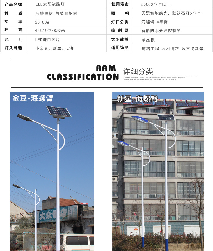 廠家直銷4米5米6米7米8米太陽能路燈庭院燈高桿燈新農村LED道路燈示例圖2